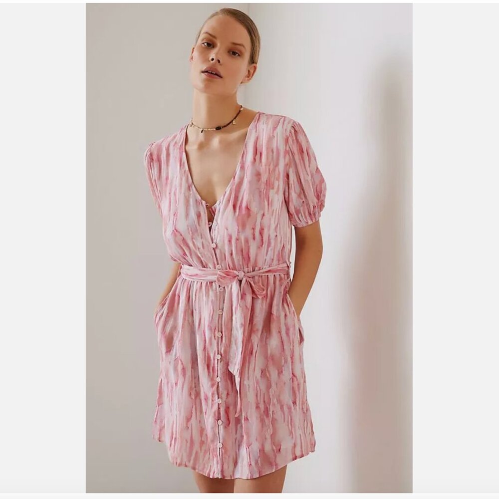 Anthropologie Cloth & Stone Pink Watercolor Cutout Mini Dress Size L